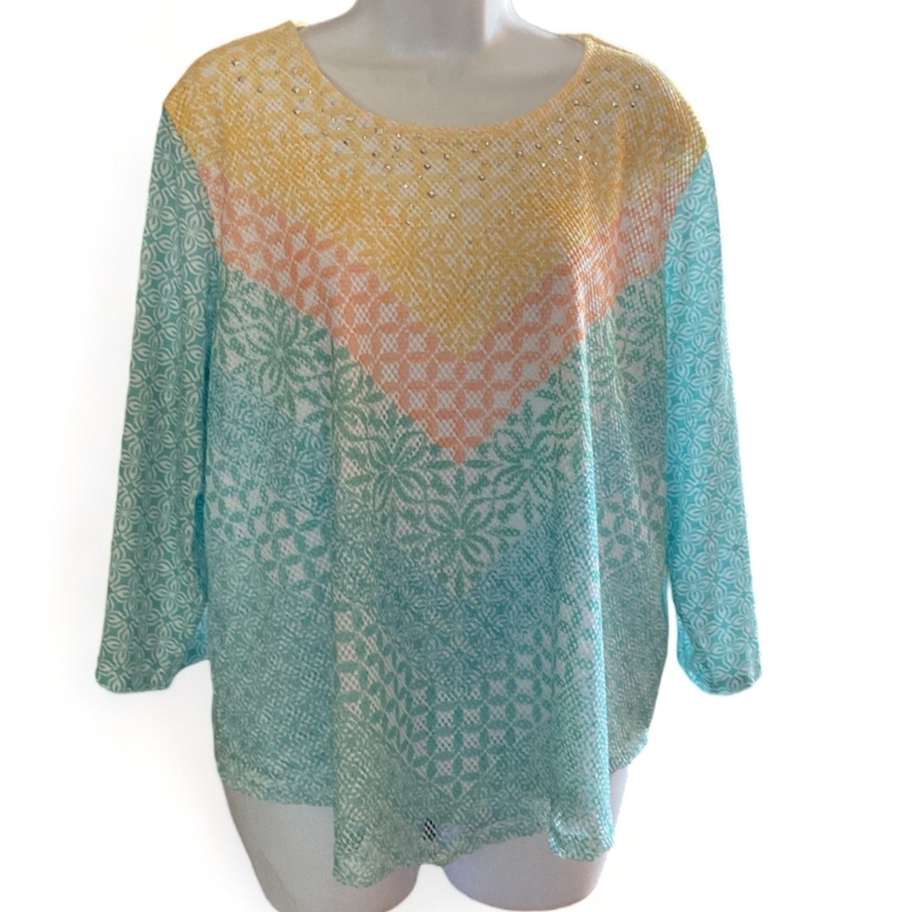 Alfred Dunner Women’s PXL Floral Geo Print Beads Fishnet Multi Color Long Sleeve